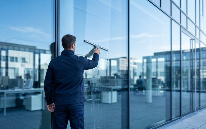 Fachkraft bei der Glasreinigung an einer modernen Fassade