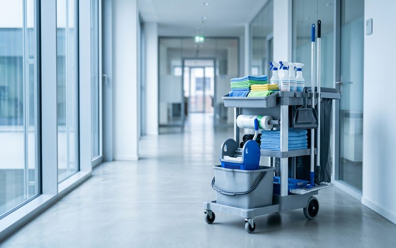 Hausmeisterservice mit Reinigungswagen in einem Gebäude